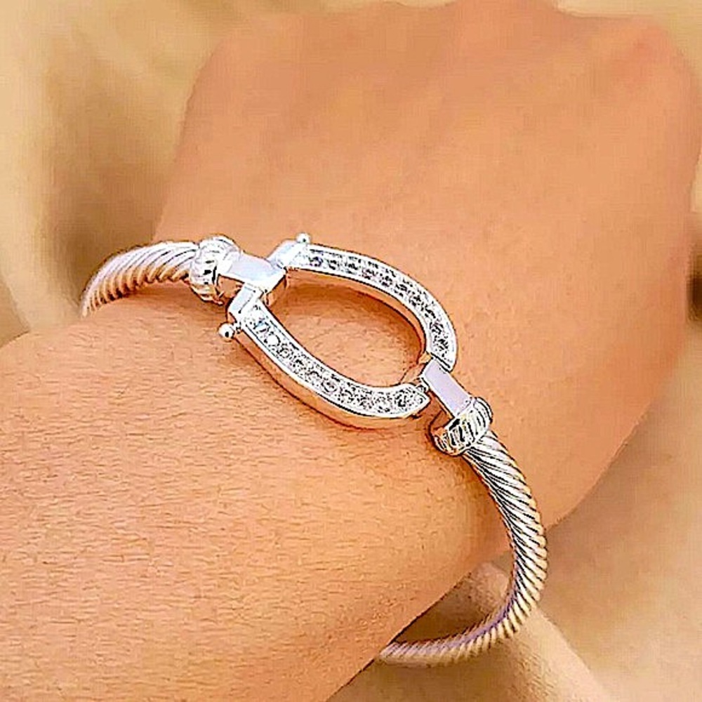 Horseshoe Sterling Silver Zircon Bangle Bracelet
